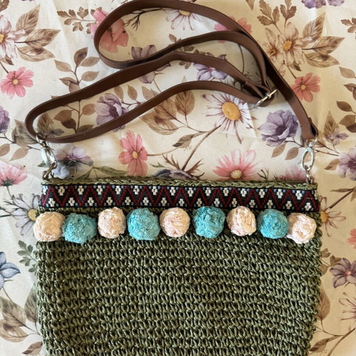 Handmade shoulder bag like new, green khaki with fabric pom-poms