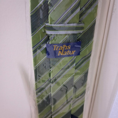 Men's tie new, green striped Trans Natur