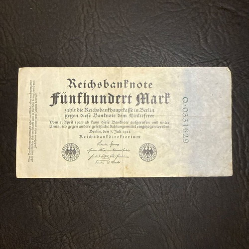 German Reichsbanknote 500 Mark 1922 collectible banknote