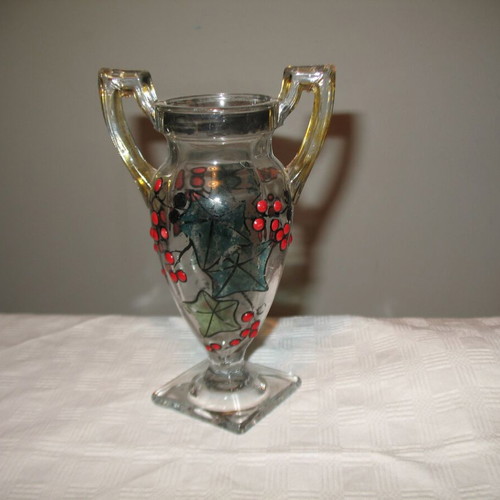 Glass decorated amphora-shaped vase hand-painted like new from the 60's