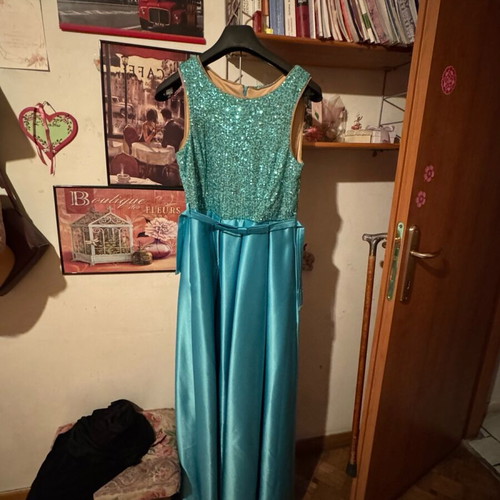 Shine long turquoise dress like new with sequins and belt