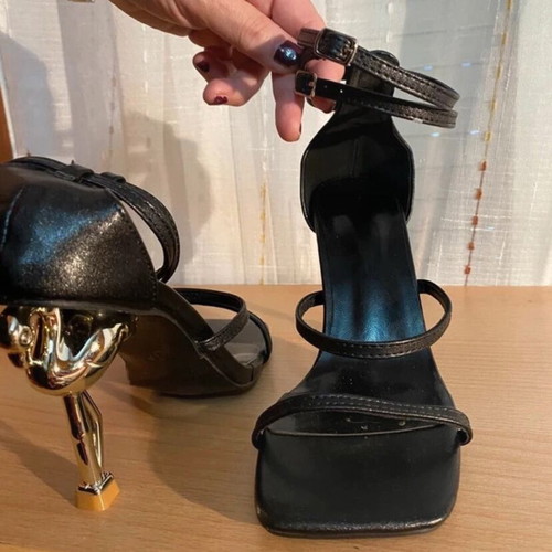Black Strappy Heels with Sculptural Gold Heel size 37 like new
