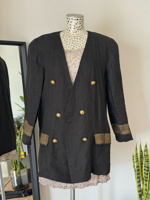 Oversized black linen blazer with gold embroidered details, size L, like new