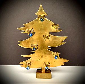 Μπρούτζινο Χριστουγεννιάτικο Δέντρο με Γυάλινα Ματάκια & Ανάγλυφα Φιογκάκια Vintage 1960s