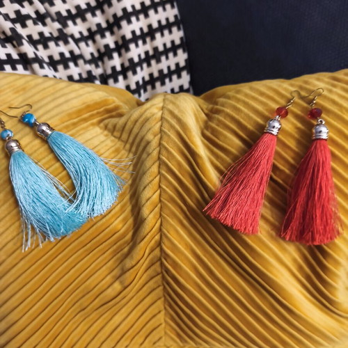 Long Tassel Earrings set of 2, handmade, red and turquoise