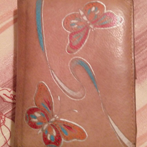 Cozy leather women's wallet like new, beige with handpainted butterflies
