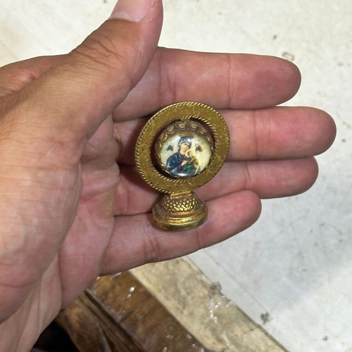 Vintage bronze magnet with double-sided Christian icon used