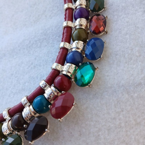 Statement multi-strand necklace with colorful stones, metal and leather, like new
