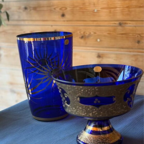 Crystal vase and fruit bowl blue with gilded details used