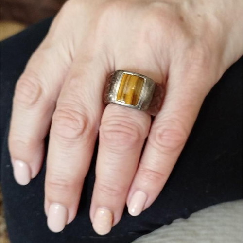 Leather ring with tiger eye used, 925 silver