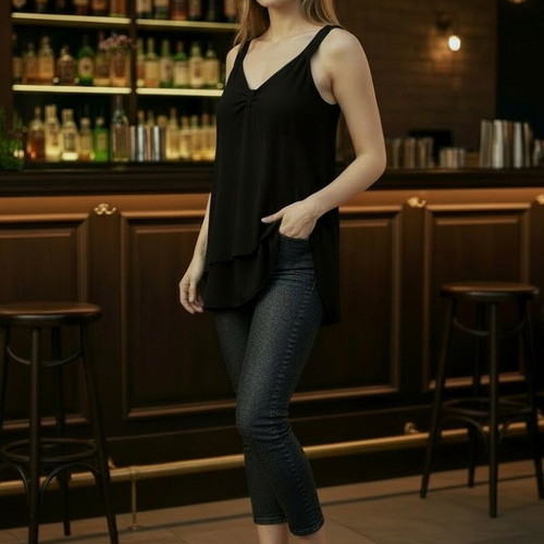 Women's Airy Black Top and Stylish H&M Jean Capri with Glitter Like New