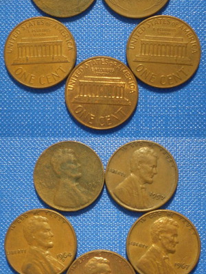United States One Cent Coins used, pack of 5