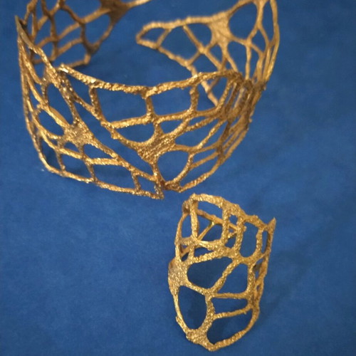 Handmade wire knit bracelet and ring set gold color new