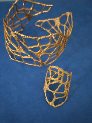 Handmade wire knit bracelet and ring set gold color new