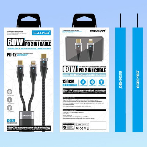 2in1 braided cable with 60W Type C and Lightning new