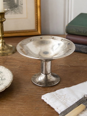 Vintage Silver-Plated Bowl with High Base and Star Moon Motifs