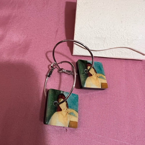 Art-Inspired Earrings Modigliani Portrait Design like new, silver hoops