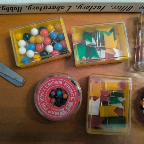 Magnifying glass, scissors and boxes of pins new