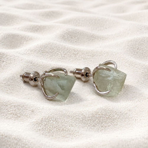 Handmade earrings from silver-plated bronze and raw fluorite, new