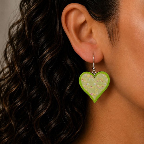 Handmade wooden heart earrings green lime