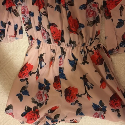Floral Romper Off-the-Shoulder refurbished, red and pink roses