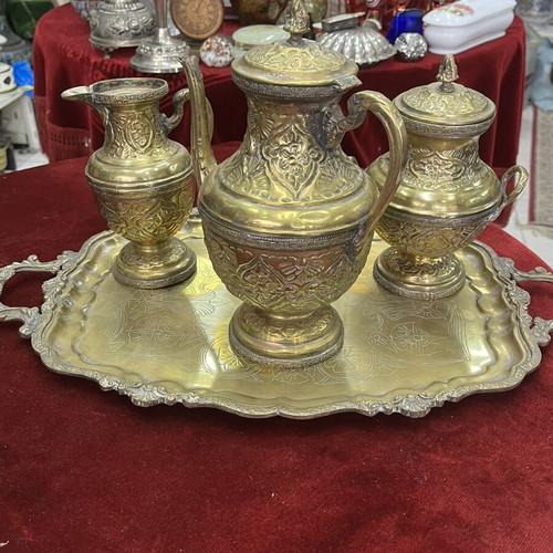 Vintage tea set used, oriental style with embossed teapot and tray