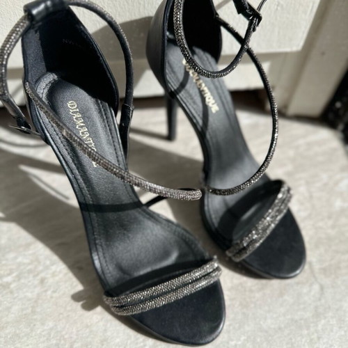 Black sandal with silver glitter detail like new, 12 cm heel