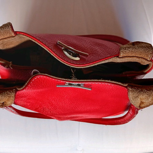 Red leather shoulder bag used with detachable wallet