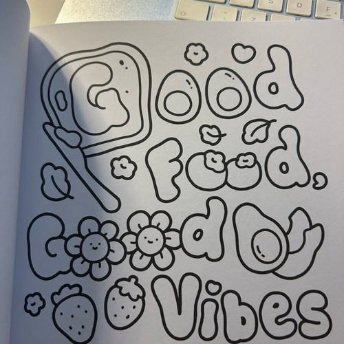 Cozy Vibes colouring book with 45 handwritten pages