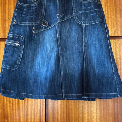Vintage Y2K Grunge Denim Midi Skirt with Cargo Details, Like New, Dark Blue