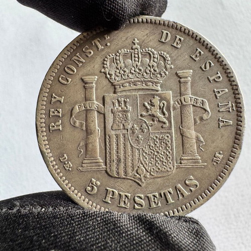 Spain 5 Pesetas 1877 Silver Coin Alfonso XII used