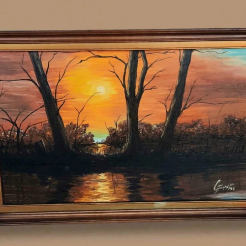 Vintage oil painting Sunset on lake 1983, like new