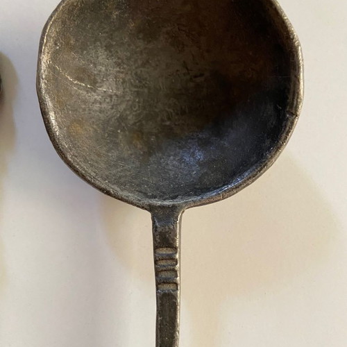 Antique spoons used, handmade pewter set of 2 pieces