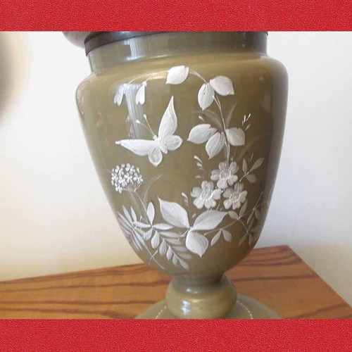 Oil lamp opaline with hand painting, used, 33 cm height