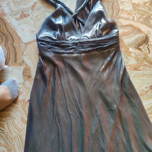 Silver formal dress with neck tie scarf, size M