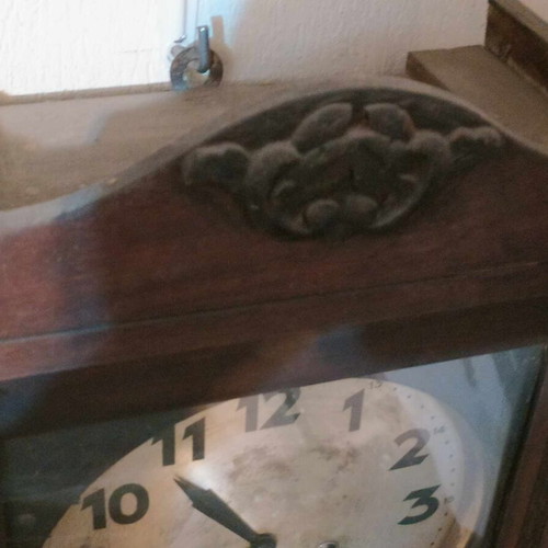 Wall clock pendulum used, wooden, old, with door and winding key