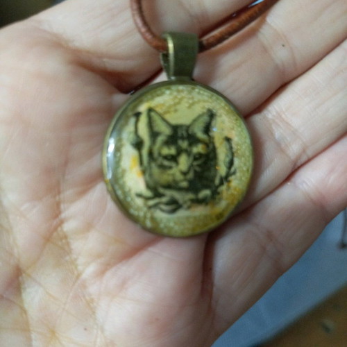 Cat pendant new, brass and epoxy resin jewelry