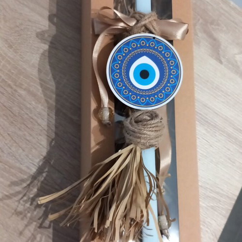 Boho Easter Candle with Eye new, blue and earthy tones