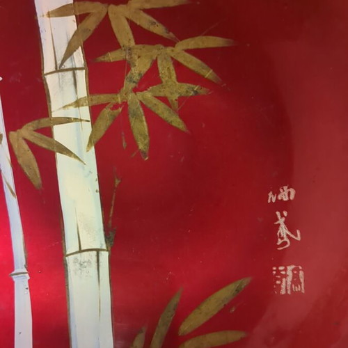 Vintage Japanese decorative lacquer plate used, bamboo motif