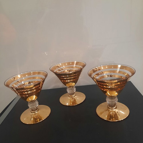 Vintage cocktail or sherbet glasses used, 1920-1950, gold stripes, ribbed stem