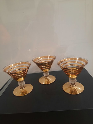 Vintage cocktail or sherbet glasses used, 1920-1950, gold stripes, ribbed stem