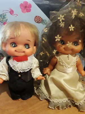 Vintage Kewpie bride and groom dolls pack used
