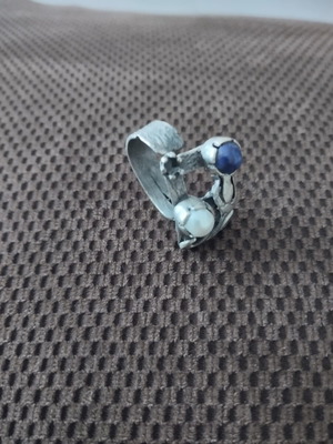 Ring handmade from metal, like new, white and blue
