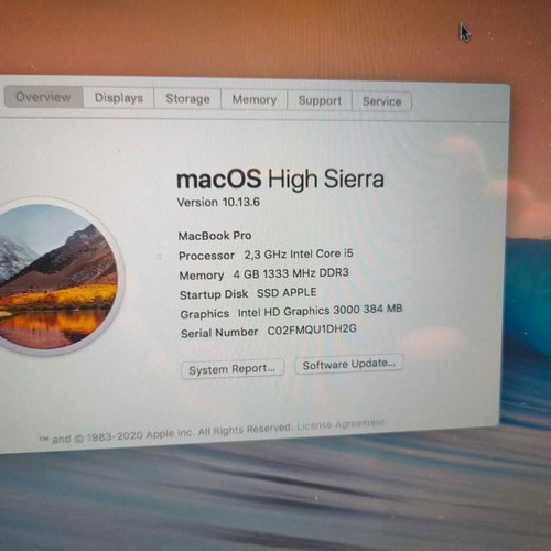 MacBook Pro 13-inch Intel Core i5 4GB RAM 256GB SSD used