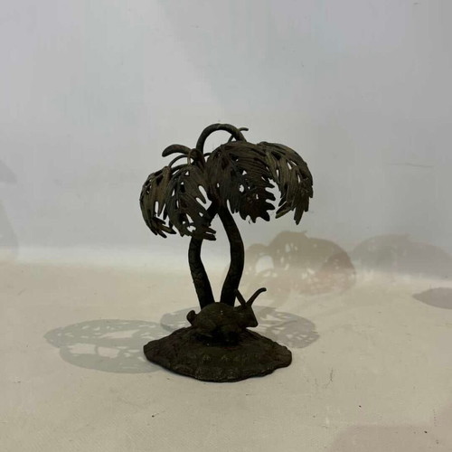 Brass sculpture rabbit under palm used, vintage 18x13