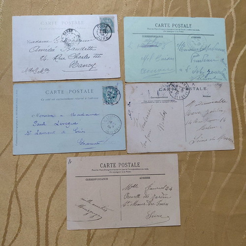 French postcards used, pack of 5, 1904-1908 with stamp