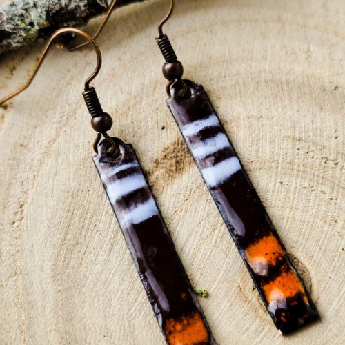 Vintage enameled earrings, handmade, brown orange blue