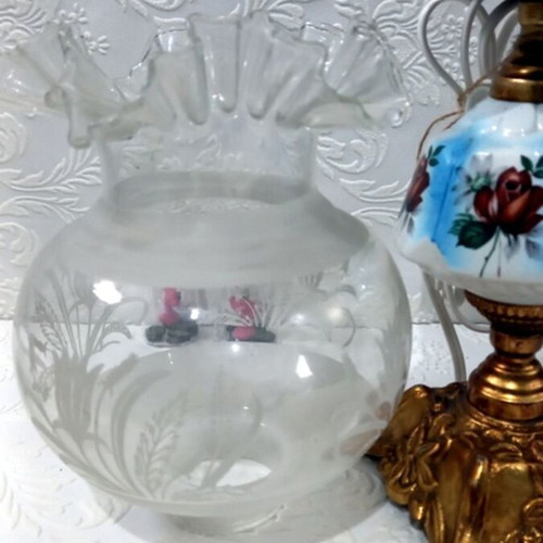 Vintage table lamp with glass chimney and carved brass base used