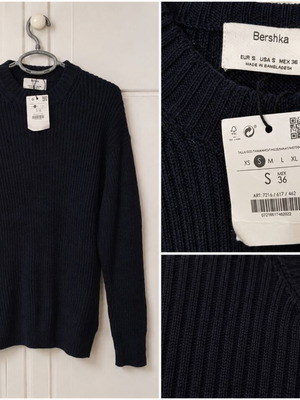 Bershka Ανδρικό Πλεκτό Πουλόβερ Μπλε Σκούρο Ribbed Μέγεθος S Καινούργιο