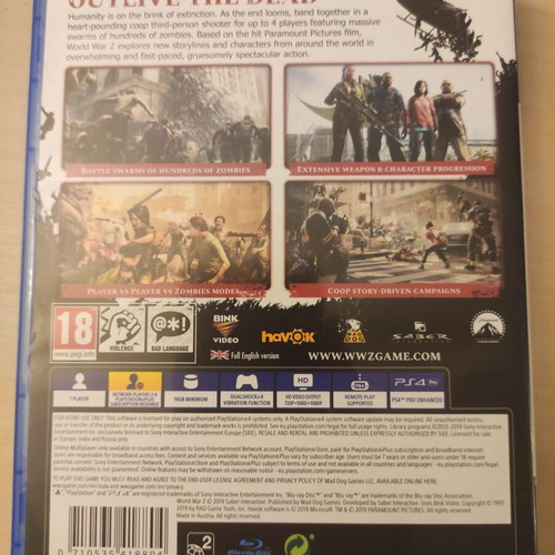 World War Z PS4 game like new, action adventure